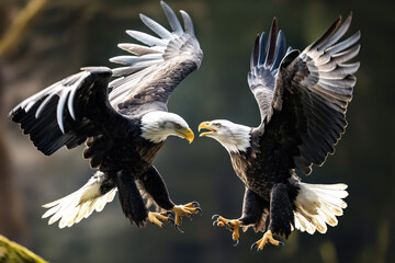 Two bald eagles fighting in flight over blurred background