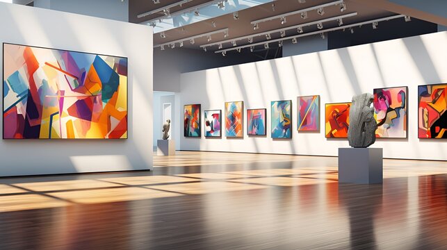 A virtual art gallery with colorful abstract paintings and sculp