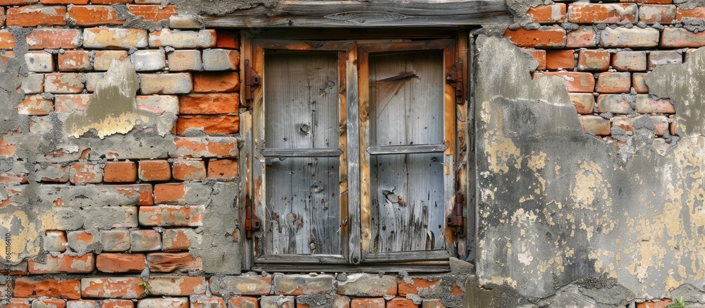 Poster a photograph of a window on an old brick wall. copy space image. place for adding text and design