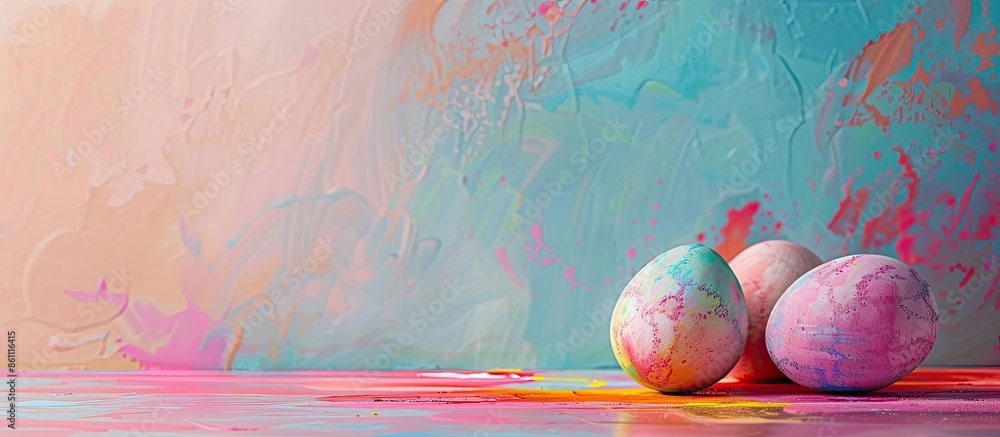 Poster easter eggs painted with wax pastel background design. copy space image. place for adding text and d