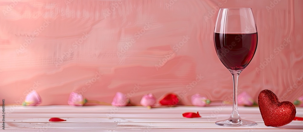 Poster red wine and heart, dating concept. pastel background. copy space image. place for adding text and d