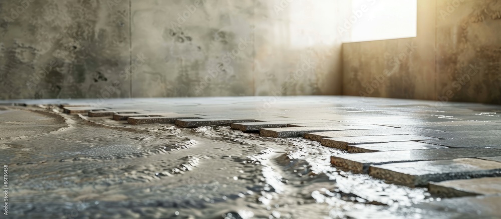 Poster laying the tiles on the basement room floor. moving to a new house concept. copy space image. place 