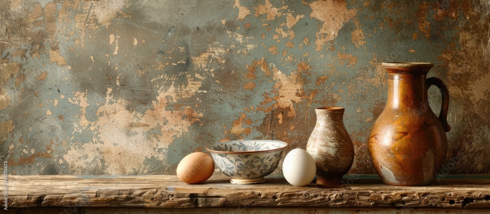 Poster still life with ceramics and an egg. copy space image. place for adding text and design