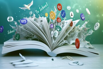 Magical book bursting with school icons in a dynamic 3D "Back To School" composition.
