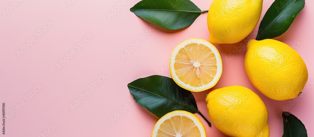 Poster lemon and slices with leaf isolated on pastel background. flat lay, top view. copy space image. plac