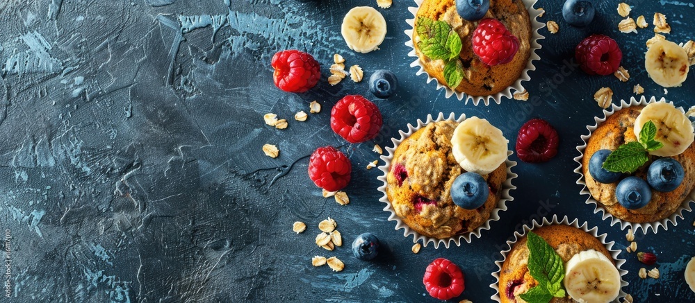 Poster vegan banana carrot muffins with oats and berries. copy space image. place for adding text or design
