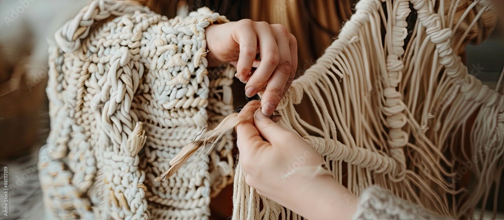 Poster weaving macrame at home. hand of a woman when she is making macrame. . copy space image. place for a