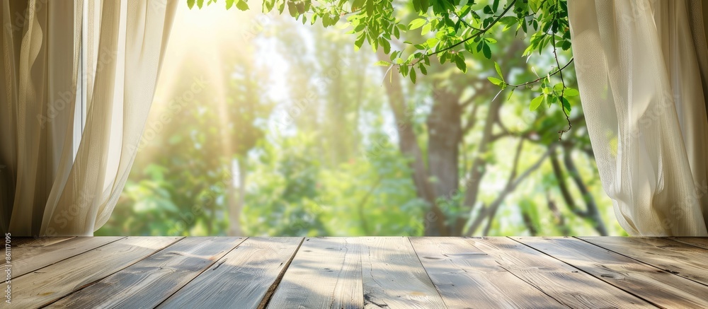 Poster Empty of wood table top on blur of curtain with window view green from tree garden background.For montage product display or design key visual layout. Copy space image