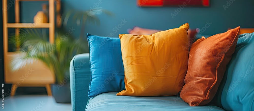 Poster comfortable pillow on sofa for decoration in living room. copy space image. place for adding text an