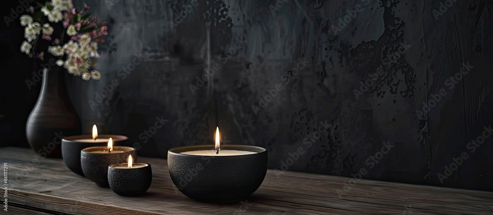 Poster beautiful aroma candles on table in dark room. copy space image. place for adding text and design