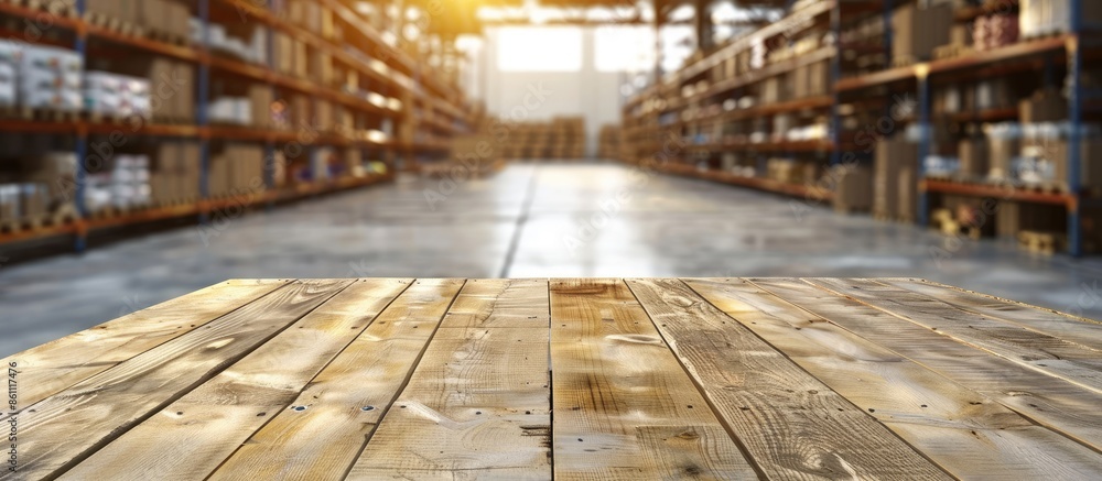 Poster empty table top with warehouse cordial background . supply store and wooden pallet . copy space imag