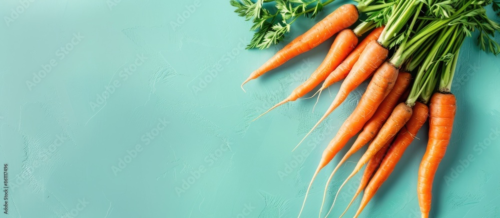 Poster bunch of fresh young carrots with top on pastel background. copy space image. place for adding text 