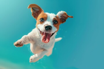 A dog is jumping in the air and its tongue is out