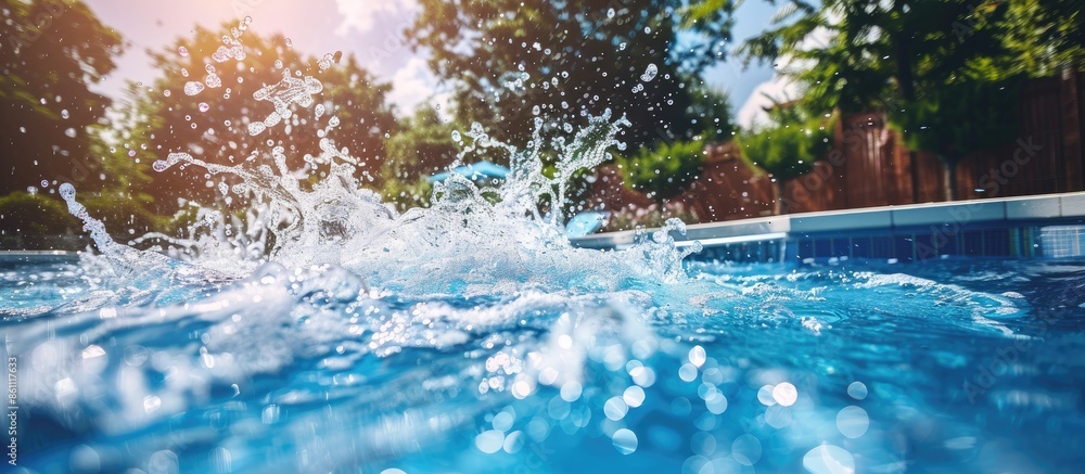 Poster many splashes in the swimming pool after jump diving over garden on sunny day. copy space image. pla