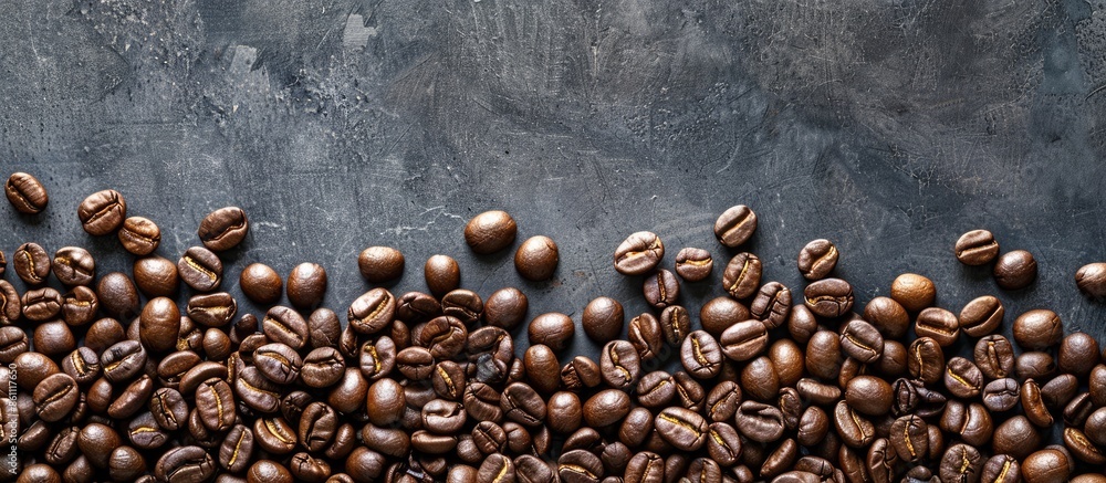 Poster coffee beans. coffee beans are spread out on the surface. copy space image. place for adding text an