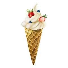 Soft vanilla ice cream in crispy waffle cone with strawberries, blueberries. Hand painting sweet watercolor illustration isolated on background. For designers, menu, shop, decoration, r