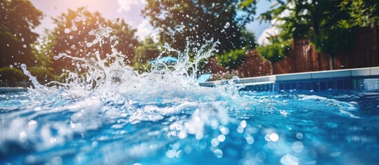 Many splashes in the swimming pool after jump diving over garden on sunny day. Copy space image. Place for adding text or design