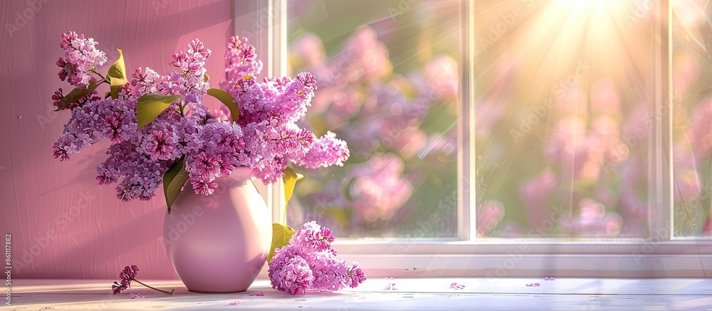 Poster lilac in a vase on the window. copy space image. place for adding text and design