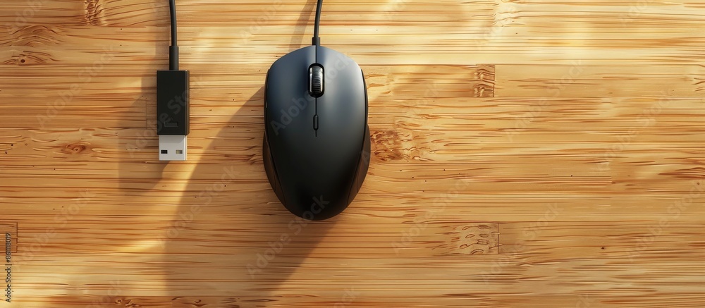 Poster a mouse and a usb extension on a wooden office desk. copy space image. place for adding text and des