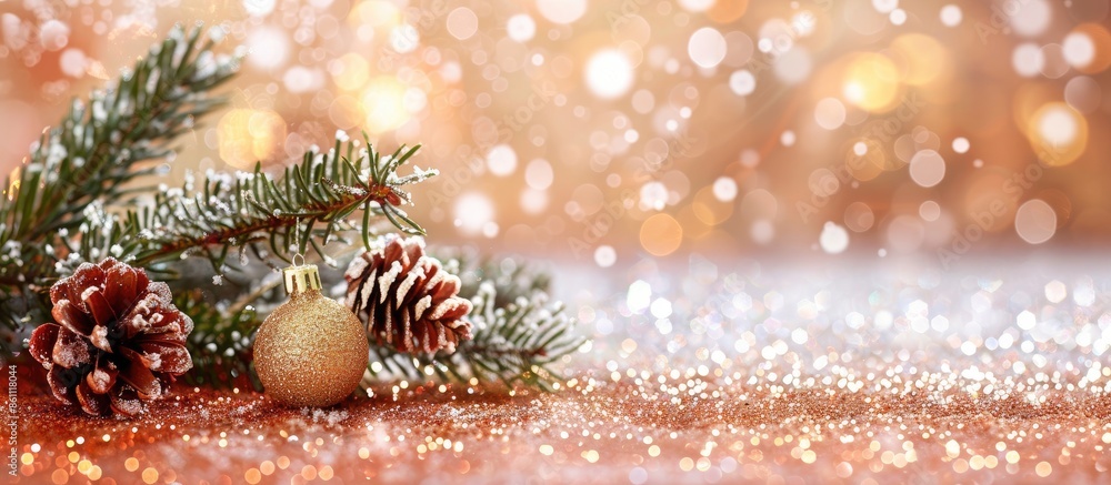 Poster christmas card with fir and decor on glitter background. copy space image. place for adding text and