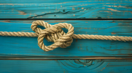 Fototapeta premium Ship rope knot on blue wooden texture background : Generative AI