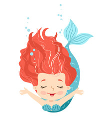 Hand drown vector illustration. Beautiful Girl Mermaid with pink hair isolated on white background