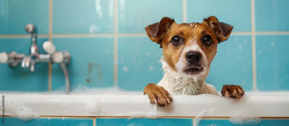 Poster dog having a bath. copy space image. place for adding text and design