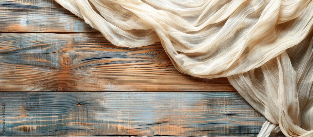 Aufkleber tablecloth textile on wooden background. copy space image. place for adding text or design