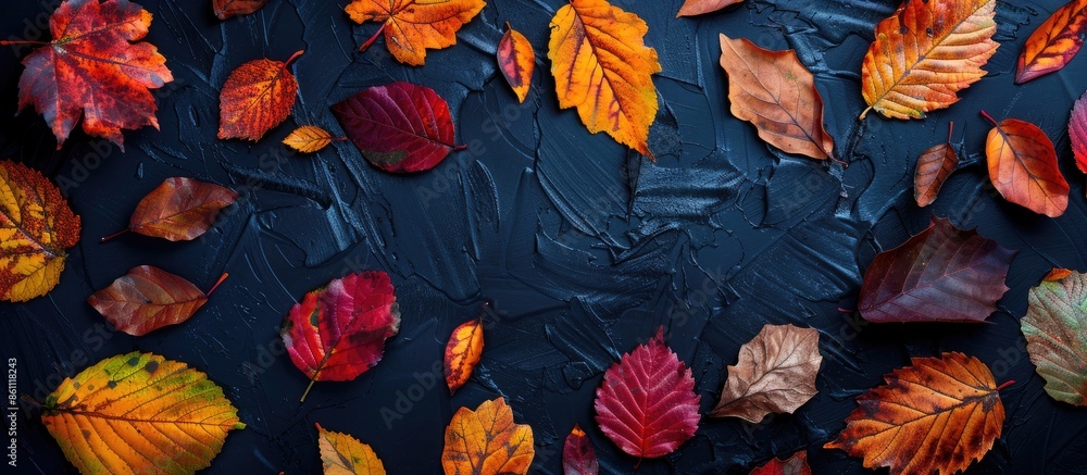 Poster colorful various autumn fallen leaves on a dark black background. seasonal background and texture. t