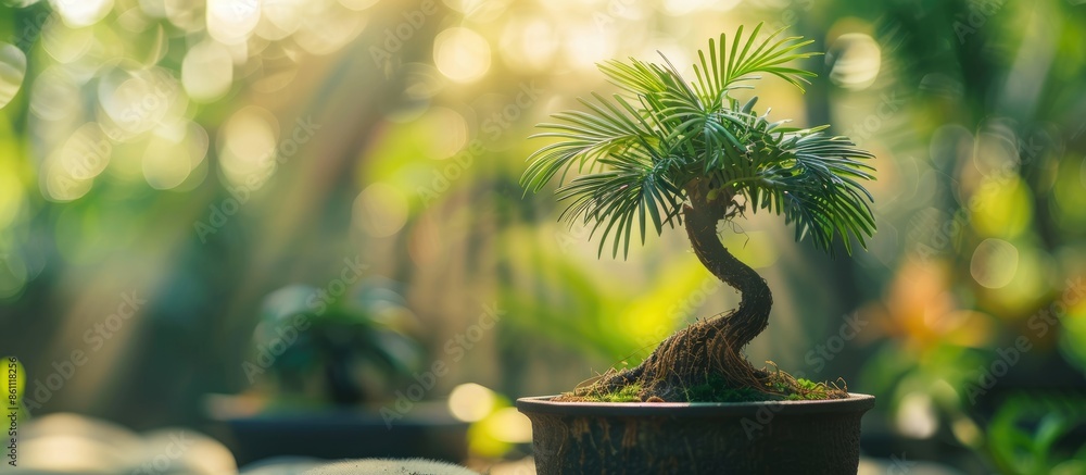 Poster coconut trees are made bonsai, photographed in closeup. copy space image. place for adding text and 