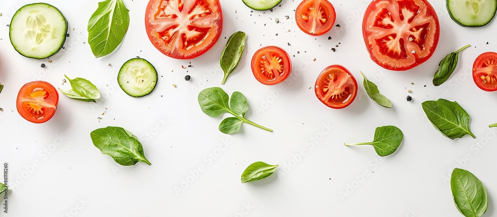 Aufkleber creative layout made of tomato, cucumber and salad leaves on the white background. flat lay. food co