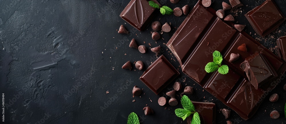 Poster mint chocolate on black pastel background. luxurious culinary chocolate background. copy space image