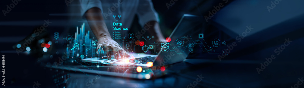Poster Data scientists. Man programmer using laptop analyzing and development at various information on futuristic virtual interface. AI, Algorithm. marketing and deep learning of artificial intelligence.