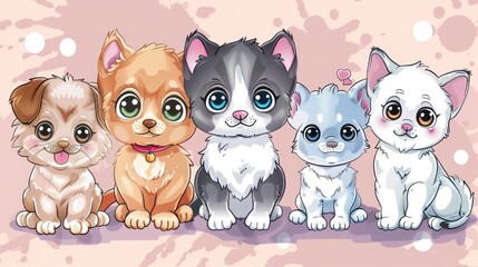 Fototapeta premium Five Adorable Cartoon Pets: Dog and Cat Friends