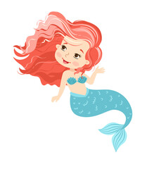 Hand drown vector illustration. Beautiful Girl Mermaid with pink hair isolated on white background