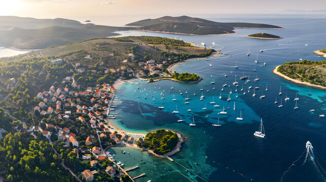 Aerial panoramic view of Palmizana summer leisure sailing cove and turquoise beach on Pakleni Otoci islands archipelago of Hvar in Croatia : Generative AI