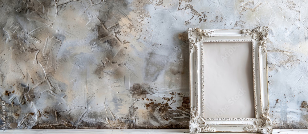 Poster photo frame on old white table. copy space image. place for adding text and design