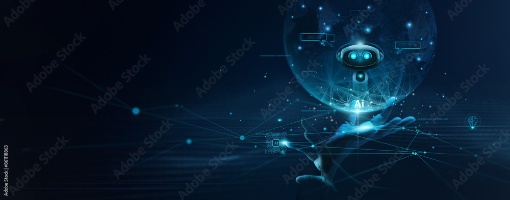 Aufkleber AI Chatbot, Hand touching digital chatbot for provide access to data network, Robot application for business growth analysis through machine learning, AI, Artificial intelligence, technology.