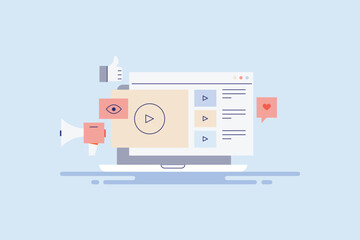 Obraz premium Brand promotion with video marketing strategy, social media digital business creative content publishing conceptual vector illustration.