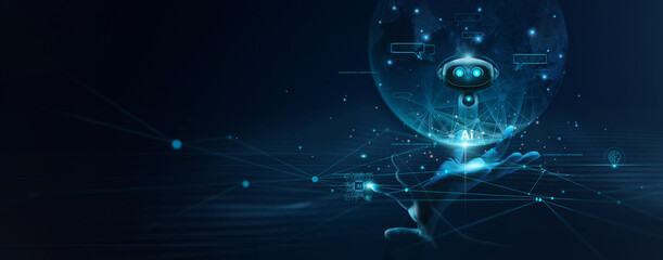 AI Chatbot, Hand touching digital chatbot for provide access to data network, Robot application for...