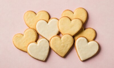 Obraz premium Heart shaped sugar cookies with white icing on pink background
