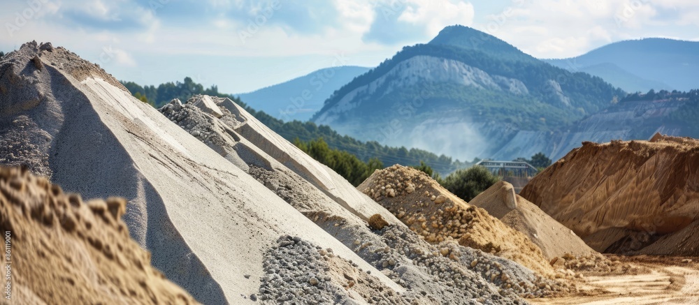 Poster sand destined to the manufacture of cement in a quarry. copy space image. place for adding text or d