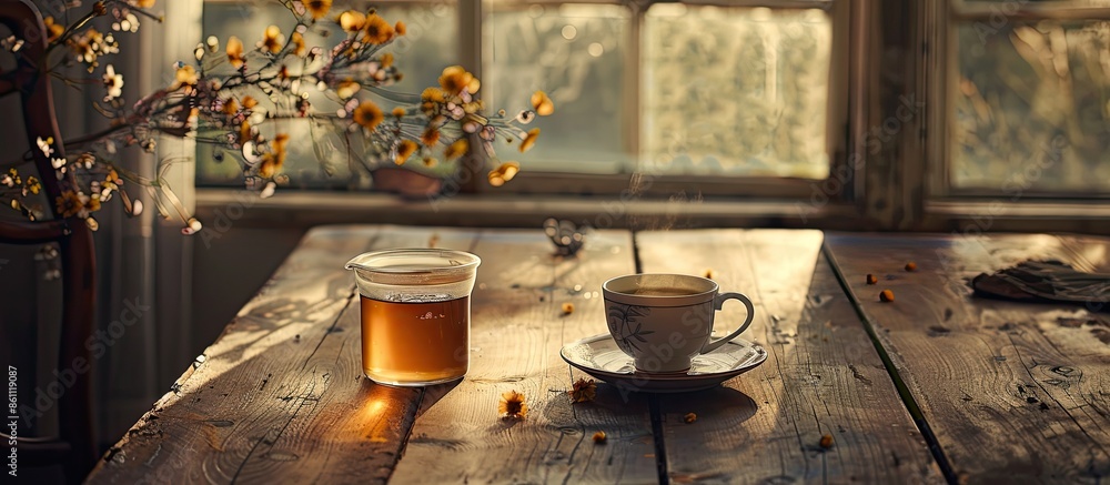Poster morning tea at the table. copy space image. place for adding text and design