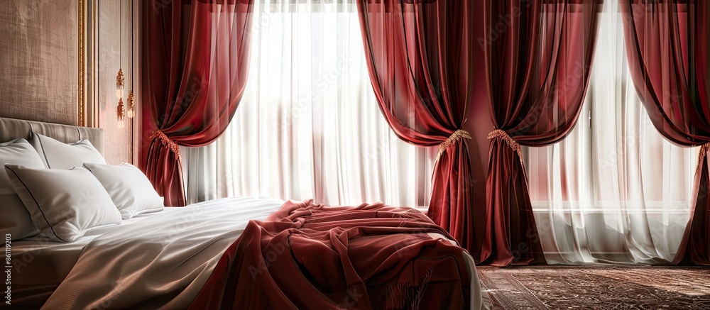Poster retro transparent bordeaux bedroom curtains. copy space image. place for adding text and design