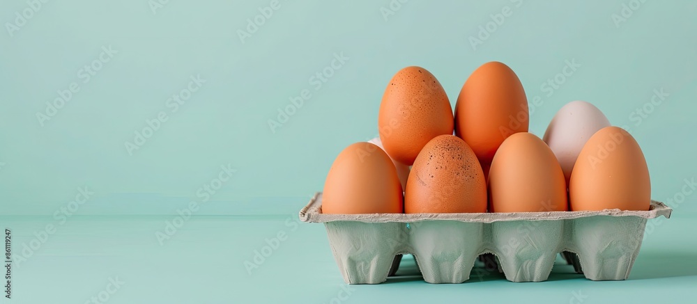 Poster group of eggs in paper tray pastel background food. copy space image. place for adding text and desi