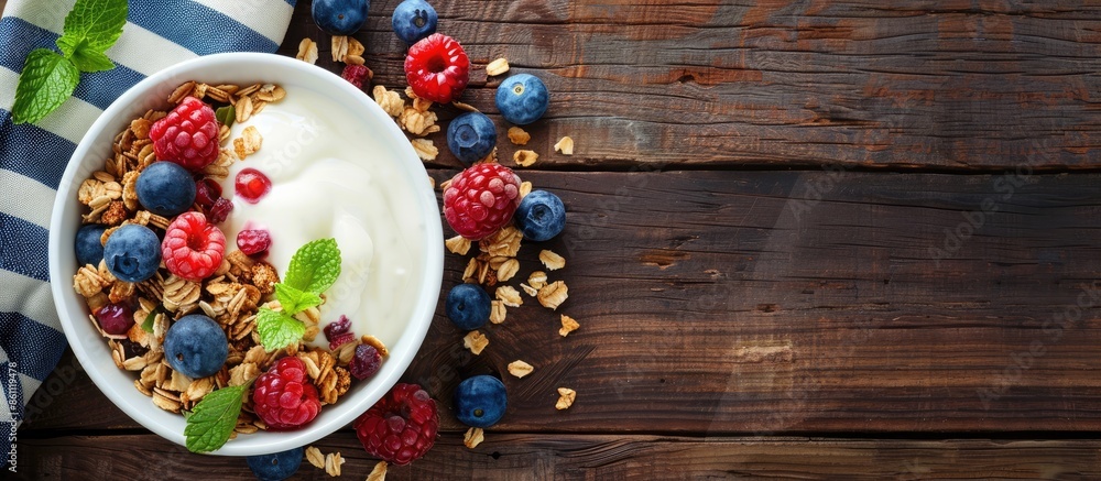 Poster bowl of homemade granola with yogurt and fresh berries on wooden background from top view. copy spac