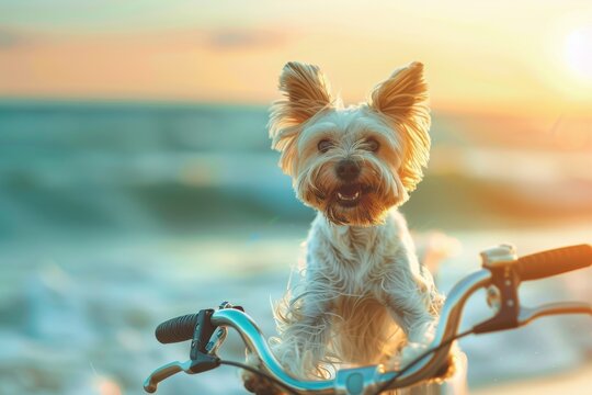 A small white dog is sitting on a bicycle