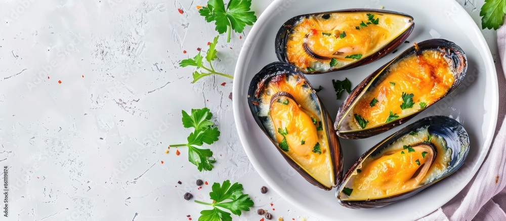 Poster fresh mussel baked with cheese pastel background food. copy space image. place for adding text and d