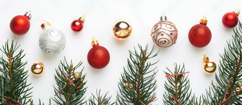 Poster christmas decoration baubles with branches of fir tree on white background. copy space image. place 