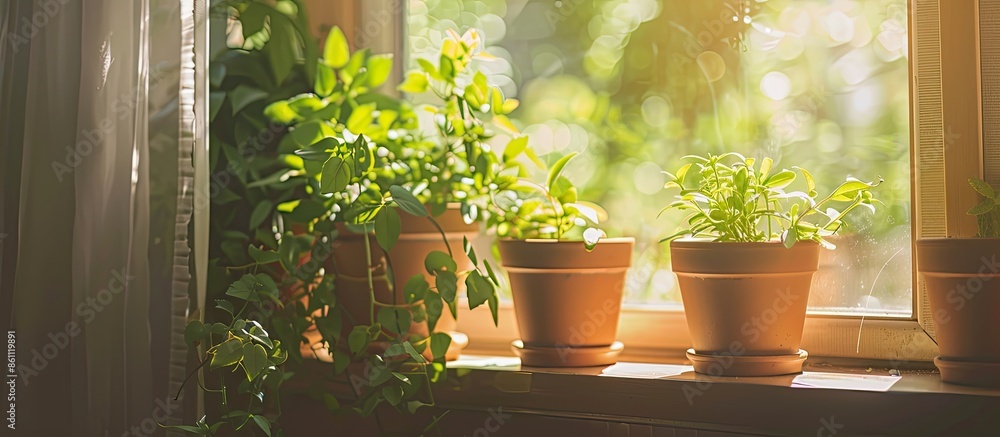 Poster sunlight on potted plants on window sill at home. copy space image. place for adding text and design